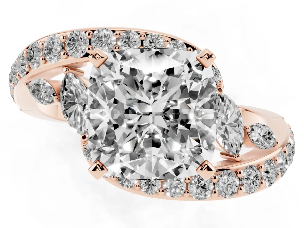Cushion Cut Diamond Solitaire Ring with Filigree Band and Four-Prong Setting Rose gold