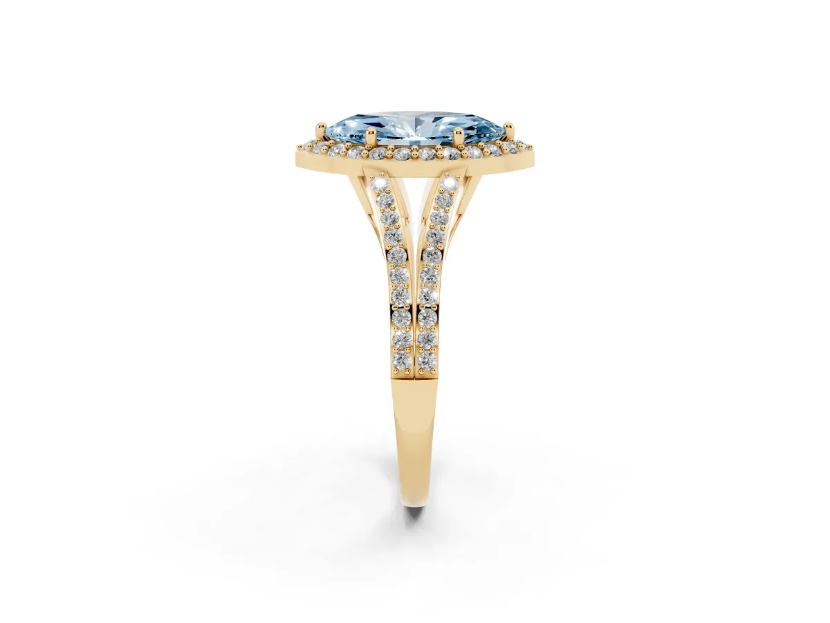 Fancy Blue Marquise Cut Halo Split Shank Diamond Ring with Prong Setting Yellow gold