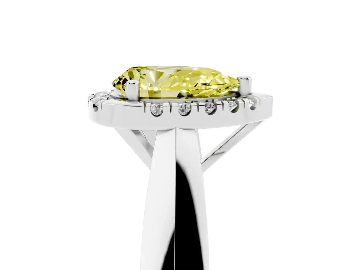 Fancy Yellow Pear Cut Cut Halo Solitaire Engagement Ring with Square Band and Four-Prong Setting White gold