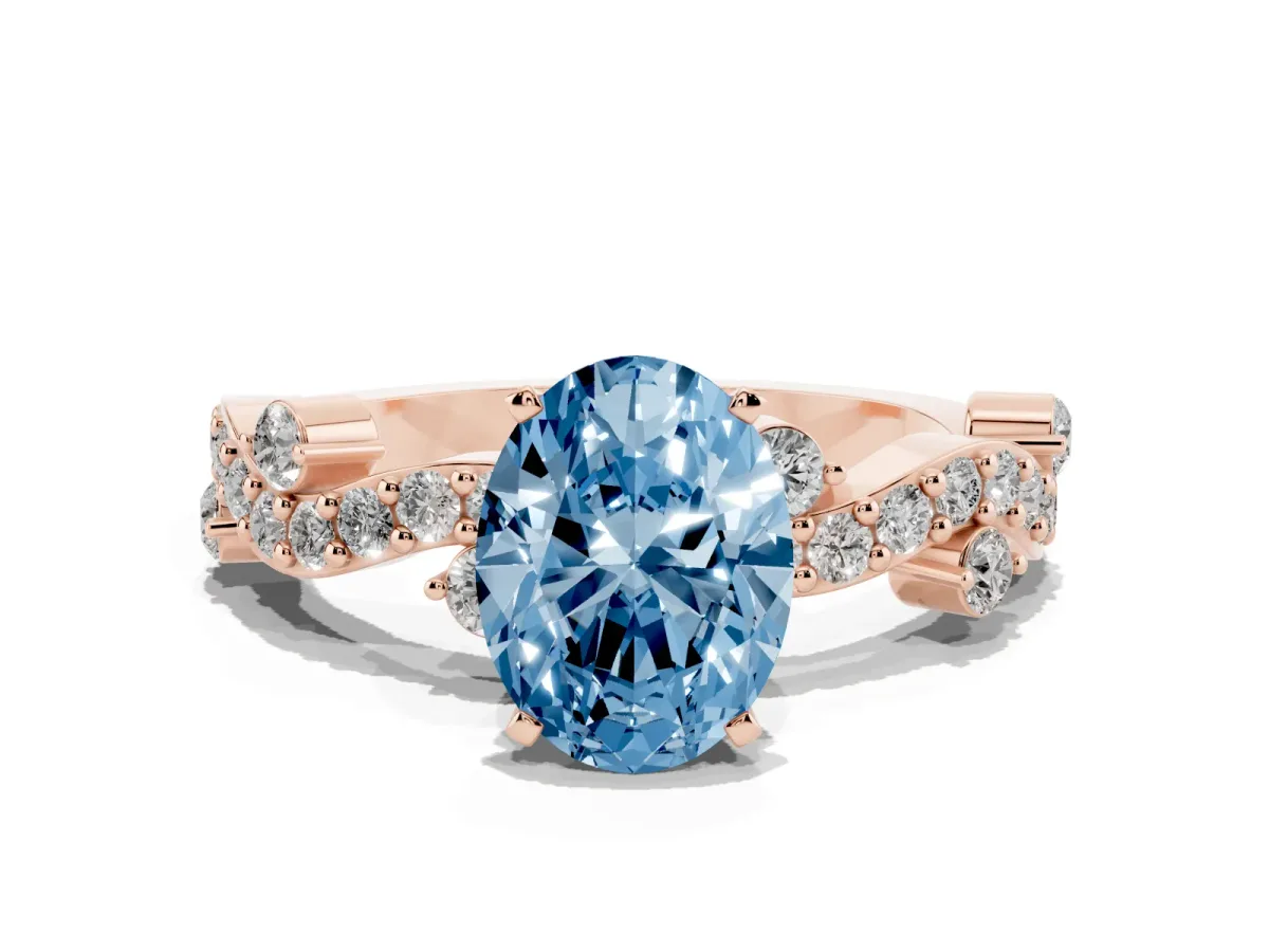 Fancy Blue Oval Cut Cut Solitaire Diamond Twisted Band with Pave Setting Rose gold