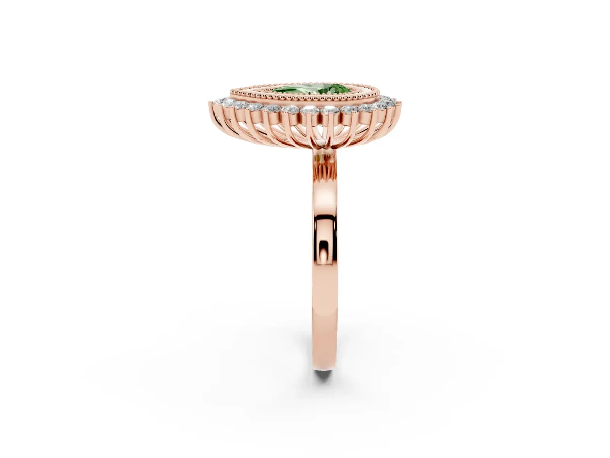 Fancy Green Pear Cut Halo Diamond Ring with Milgrain Edge and Round Prong Setting Rose gold