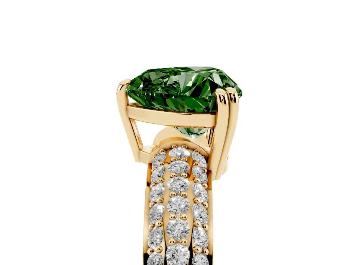 Fancy Green Heart Cut Diamond Solitaire Ring with Multi-Row Round Pavé Band and Prong Setting Yellow gold