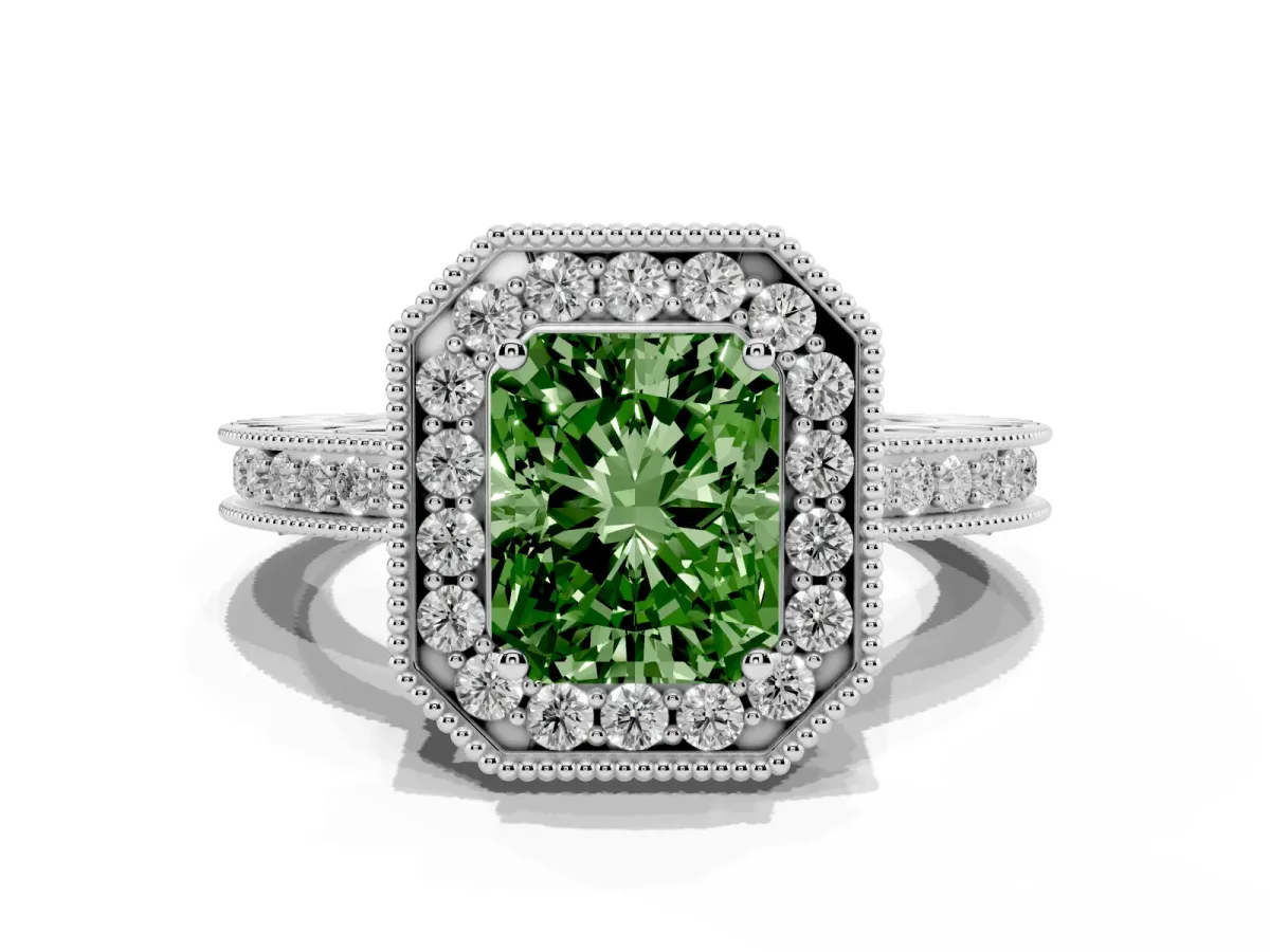 Fancy Green Radiant Cut Diamond Milgrain Halo Engagement Ring with Round Pavé Band and Prong Setting Platinum