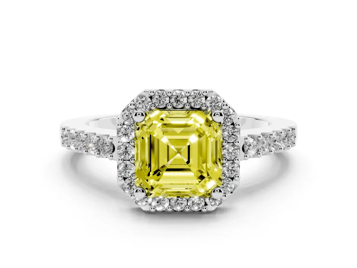 Fancy Yellow Asscher Cut Halo Diamond Pavé Solitaire Ring Platinum