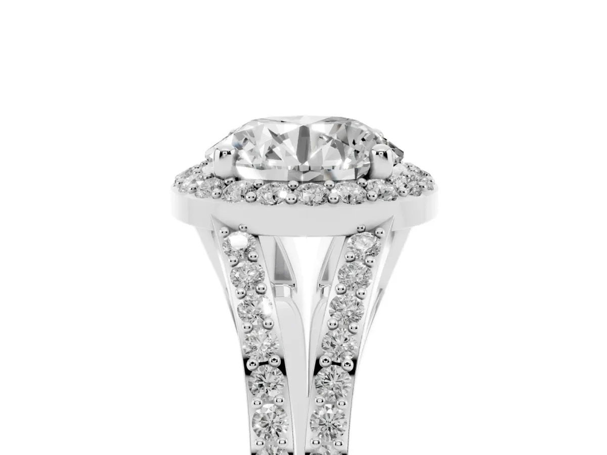 Round Cut Halo Split Shank Pave Diamond Ring with Four-Prong Setting Silver