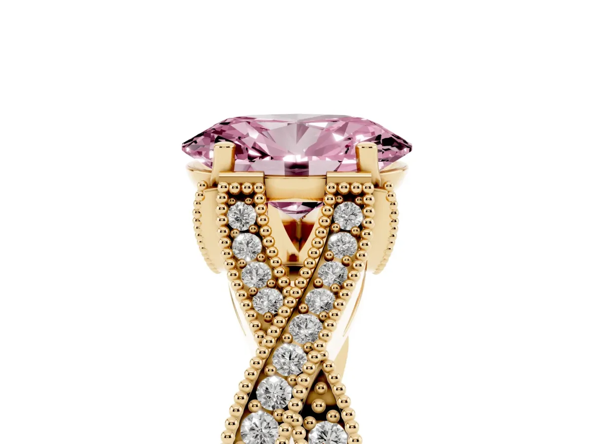 Fancy Pink Oval Cut Cut Diamond Twisted Band with Milgrain Pave Setting and Four-Prong Setting Yellow gold