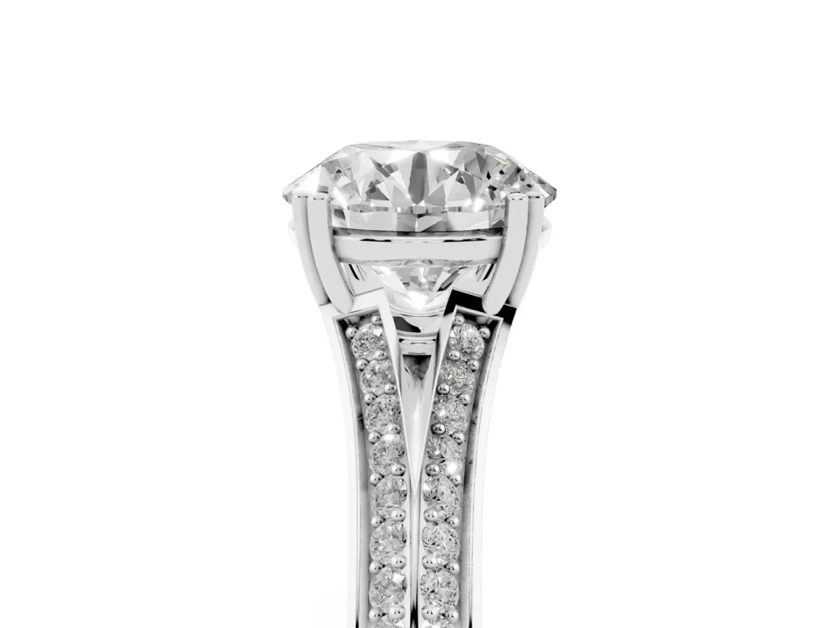 Round Cut Diamond Split Shank Engagement Ring with Pavé Band Silver