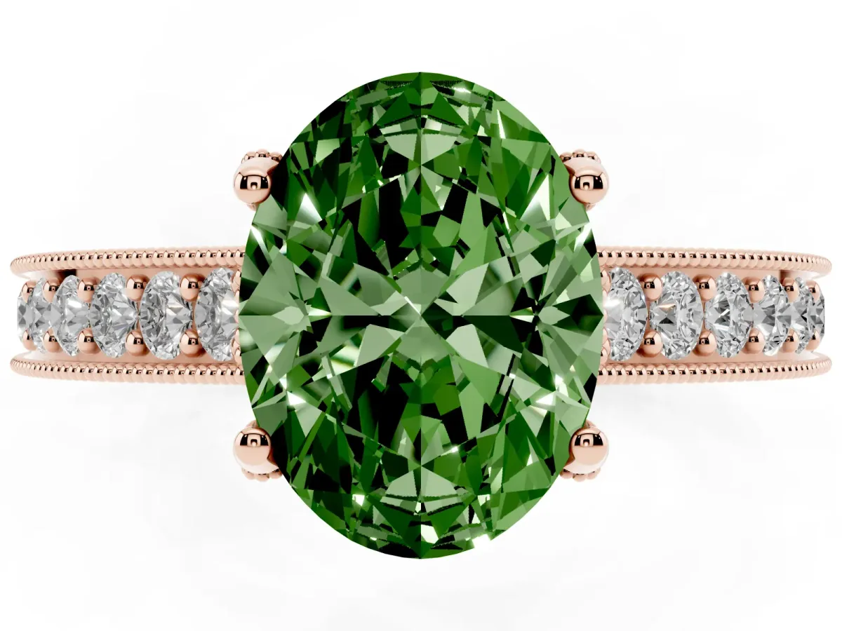 Fancy Green Oval Cut Cut Diamond Solitaire Ring with Milgrain Pave Band and Four Prong Setting Rose gold