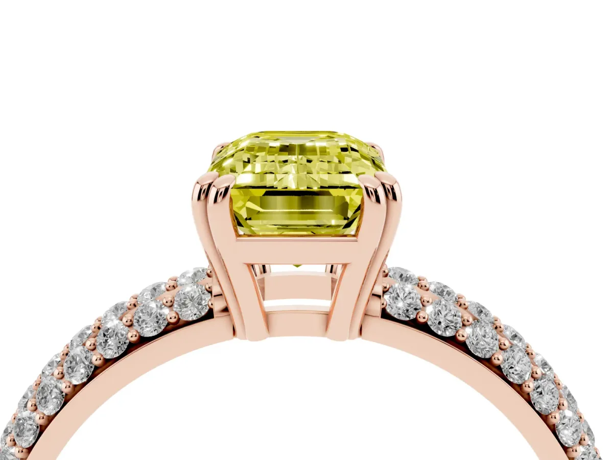 Fancy Yellow Emerald Cut Diamond Solitaire Ring with Multi-Row Round Pavé Band and Prong Setting Rose gold