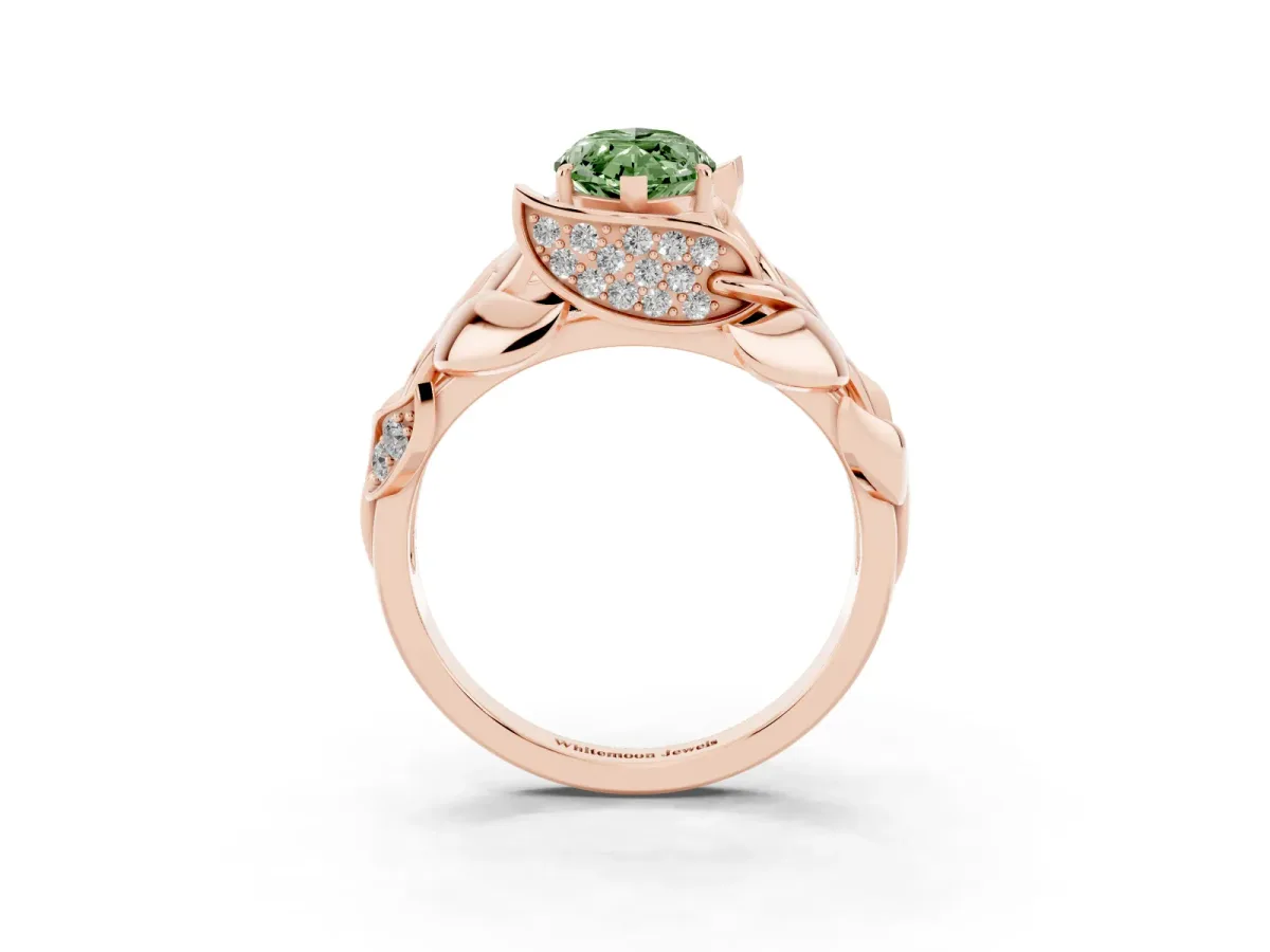 Fancy Green Marquise Cut Diamond Leaf-Inspired Engagement Ring with Round Accents and Prong Setting Rose gold