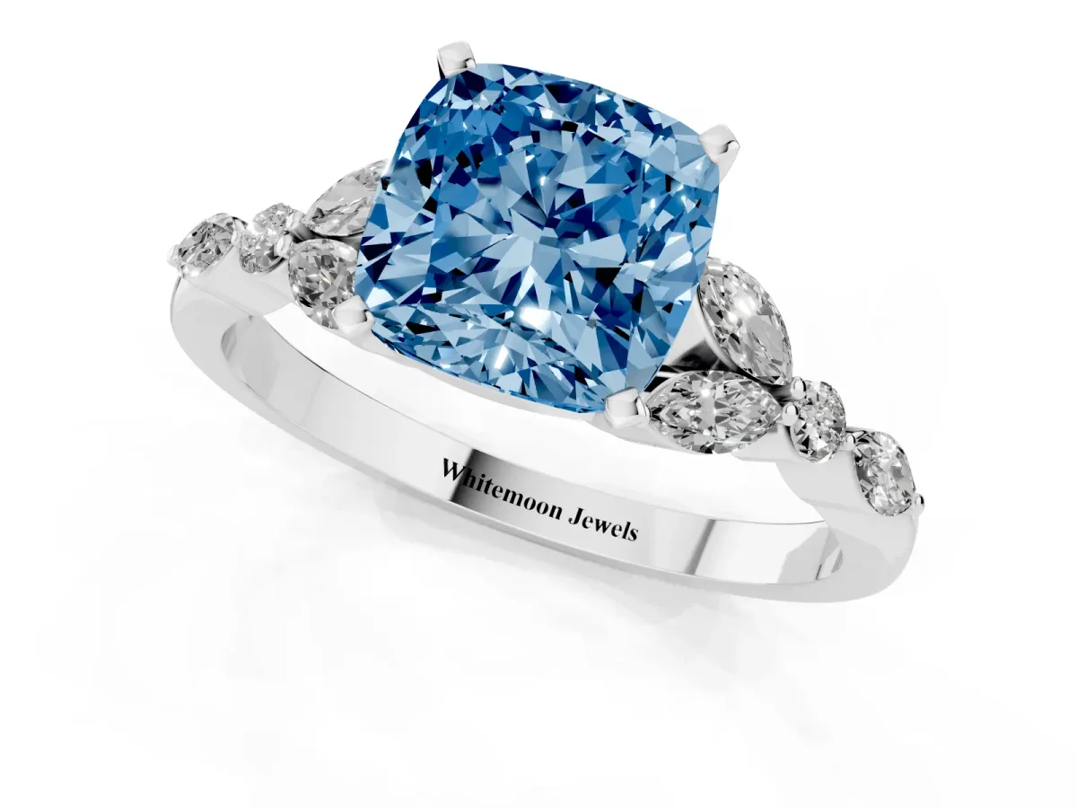 Fancy Blue Cushion Cut Diamond Solitaire Ring with Side Stones and Four-Prong Setting Silver