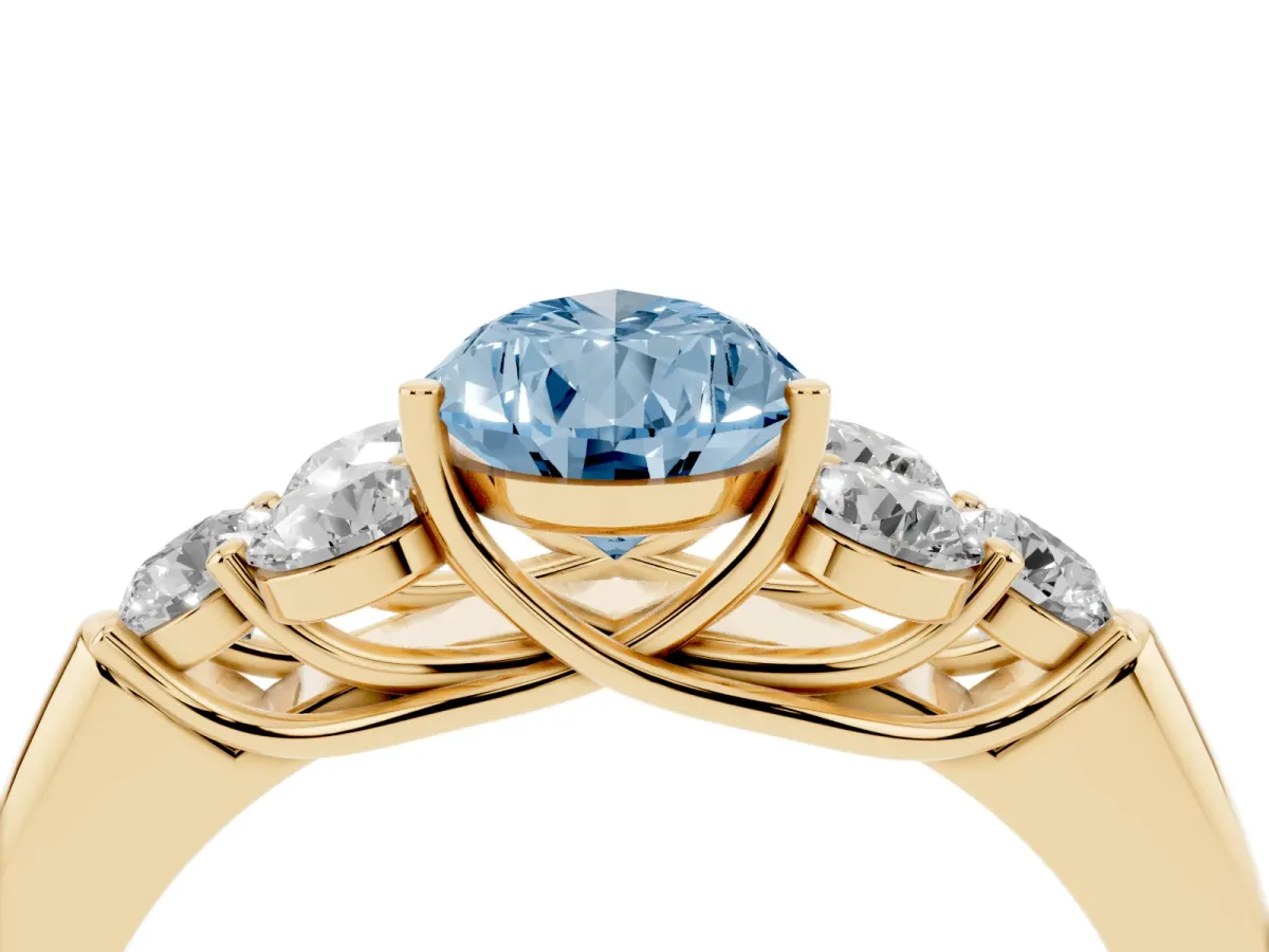 Fancy Blue Pear Cut Cut Diamond Cluster Ring with Round Accent Stones and Prong Setting on a Classic Band Yellow gold
