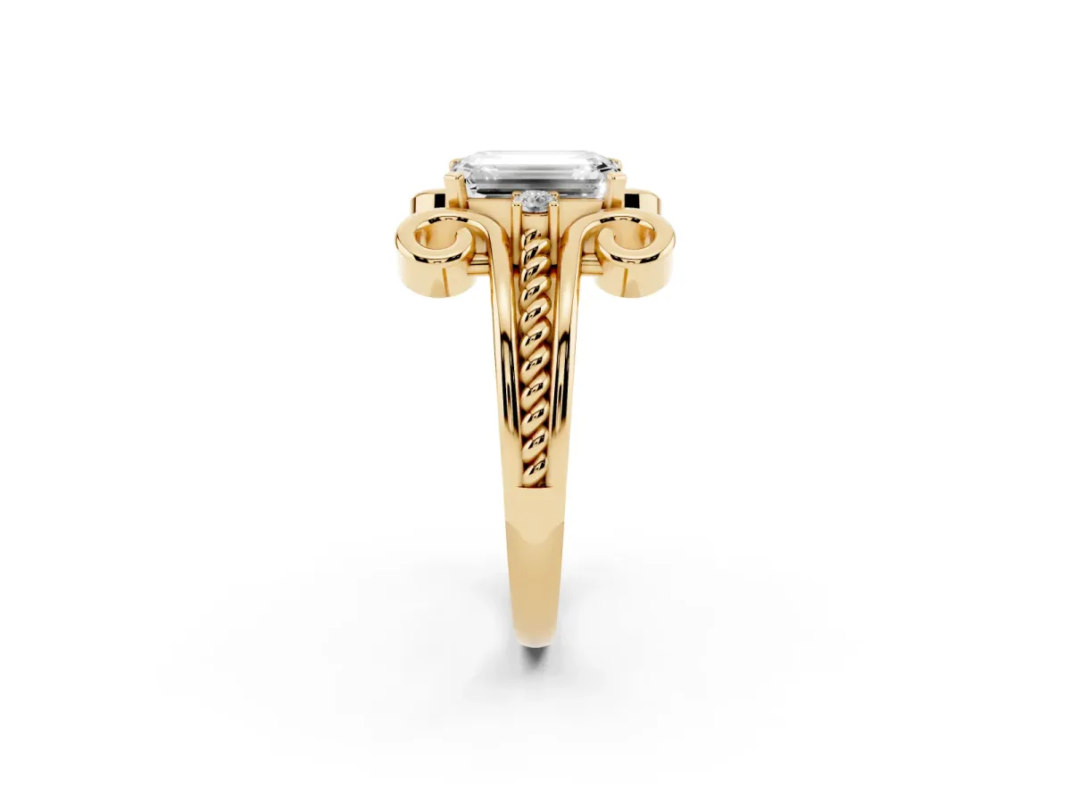 Emerald Cut Solitaire Twisted Band Scroll Prong Ring Yellow gold