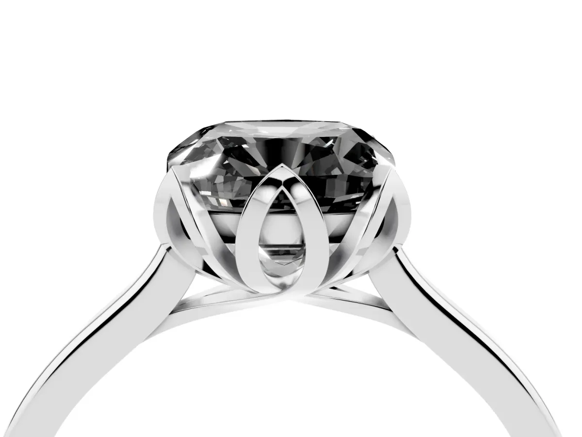 Fancy Black Cushion Cut Diamond Solitaire Ring with Flower Prong Setting and Classic Band Silver