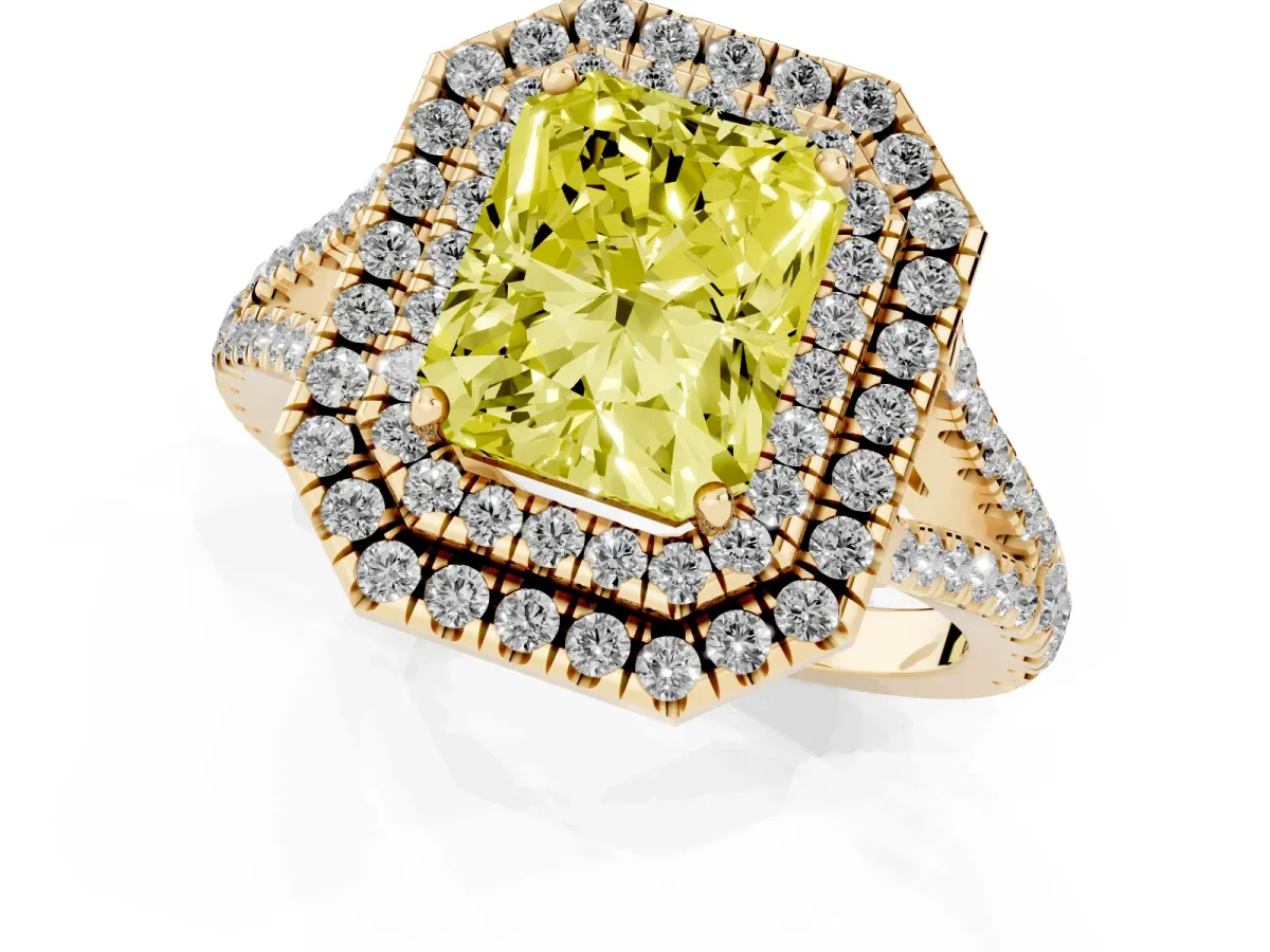 Fancy Yellow Radiant Cut Diamond Double Halo Ring with Pavé Band and Prong Setting Yellow gold