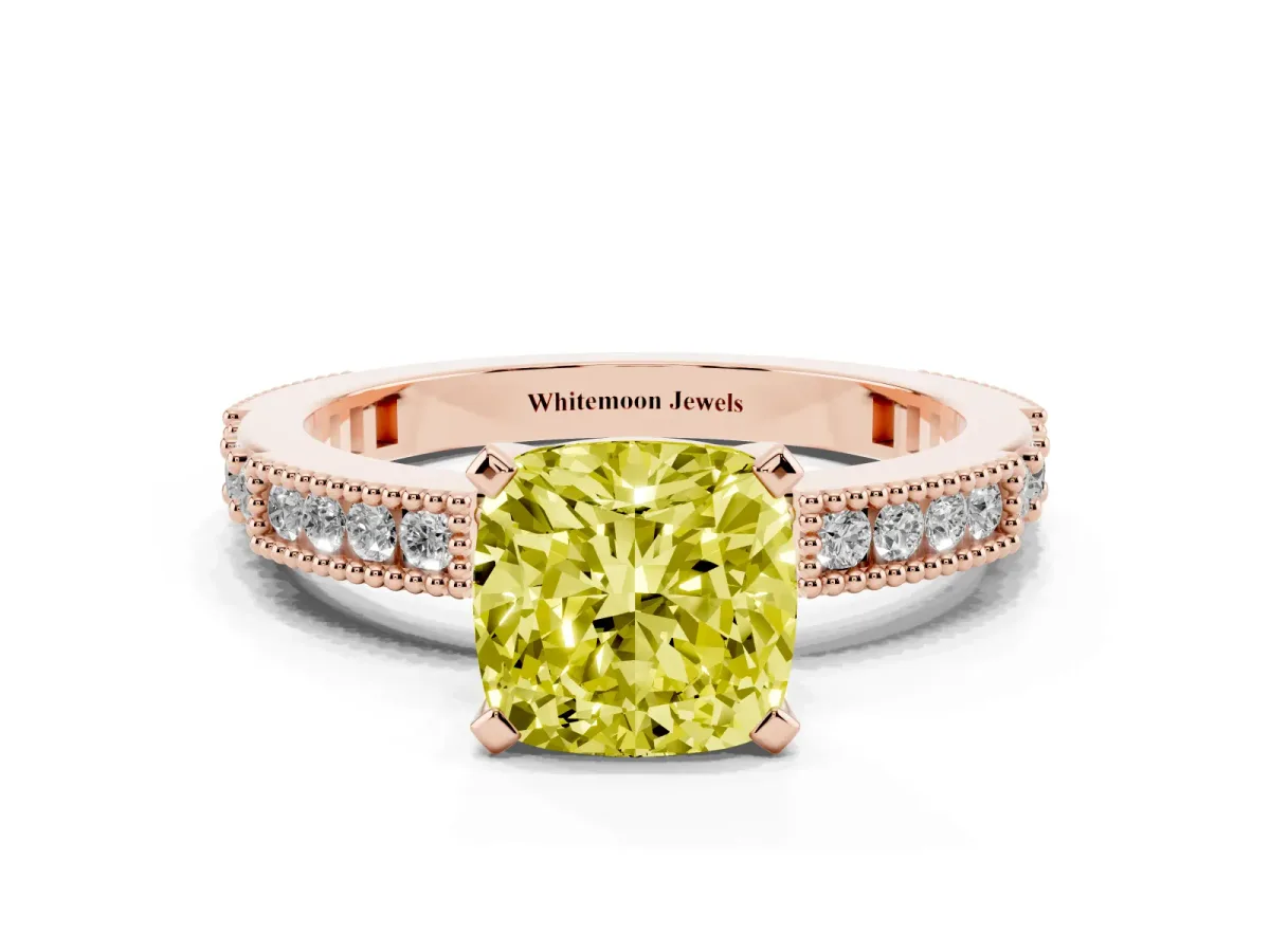 Fancy Yellow Cushion Cut Solitaire with Pavé Band and Four-Prong Setting Rose gold