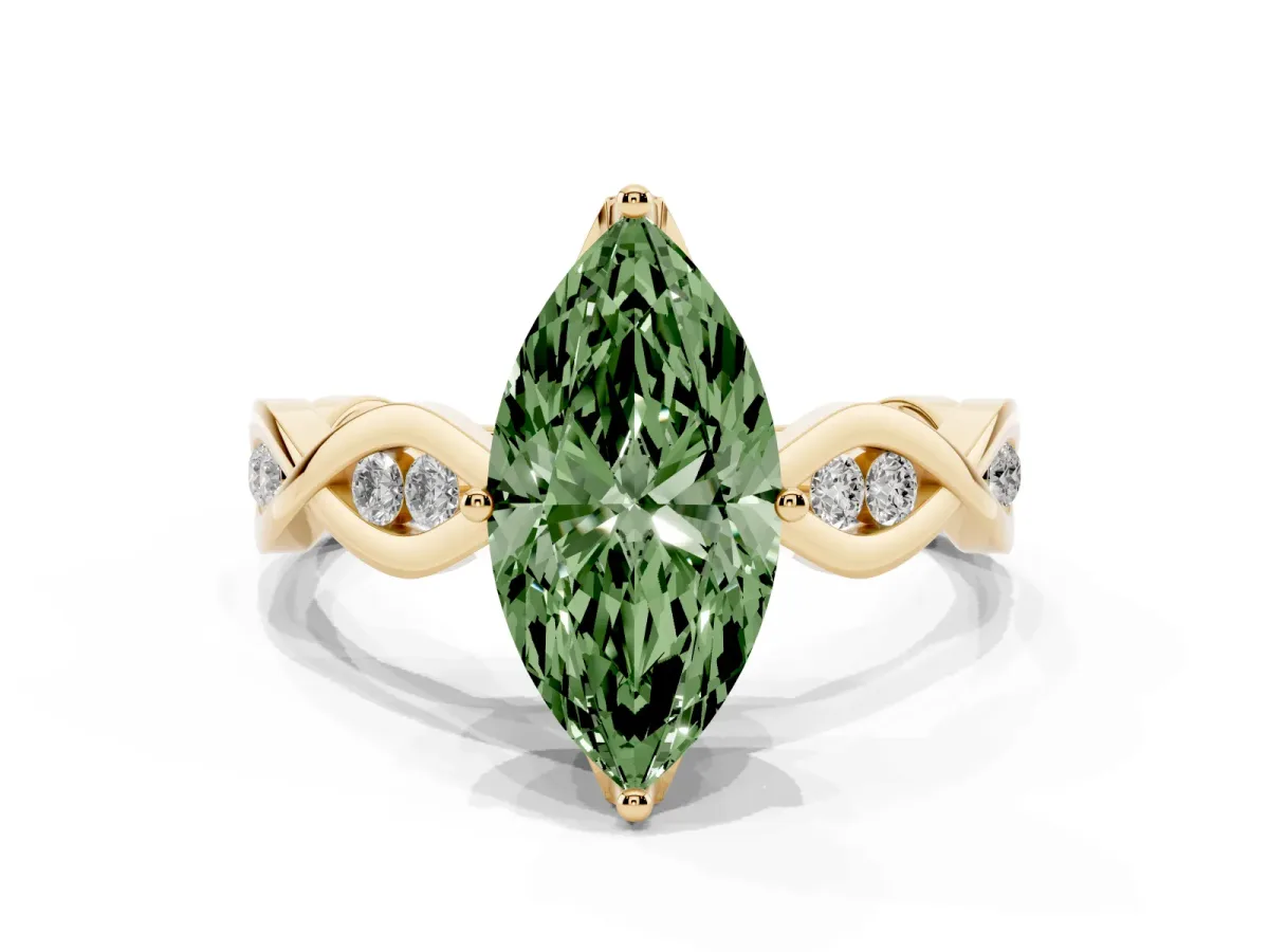 Fancy Green Marquise Cut Solitaire Twist Band with Leaf Prong Setting Yellow gold
