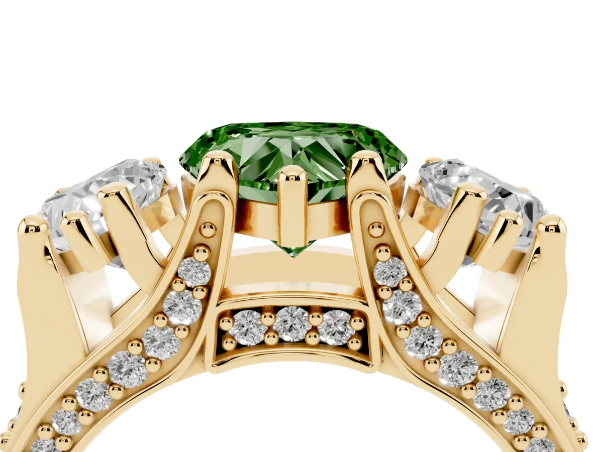 Fancy Green Heart Cut Diamond Three-Stone Ring with Channel Set Band and Four-Prong Setting Yellow gold