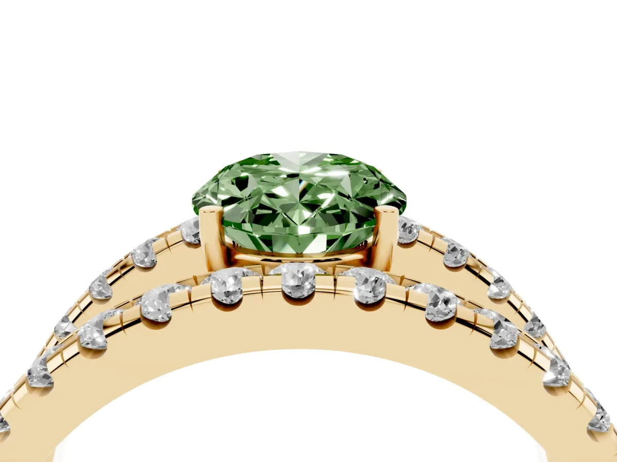 Fancy Green Oval Cut Solitaire Split Shank Pave Diamond Ring Yellow gold