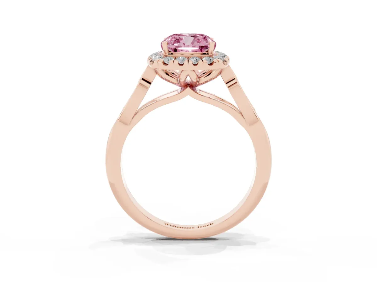 Fancy Pink Cushion Cut Halo Diamond Engagement Ring with Filigree Band and Four-Prong Setting Rose gold
