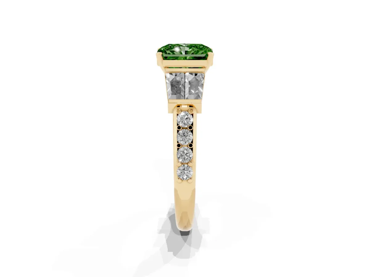 Fancy Green Radiant Cut Diamond Engagement Ring with Baguette Side Stones and Channel Set Band Yellow gold