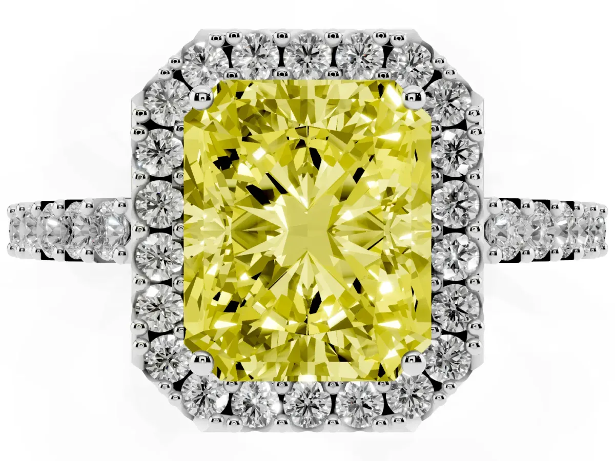 Fancy Yellow Radiant Cut Halo Diamond Pavé Solitaire Ring Platinum