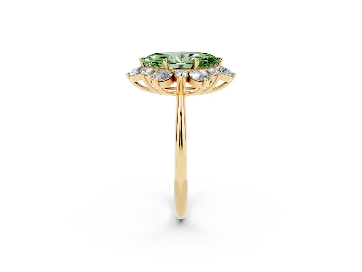 Fancy Green Marquise Cut Diamond Cluster Halo Ring with Solitaire Band and Four-Prong Setting Yellow gold