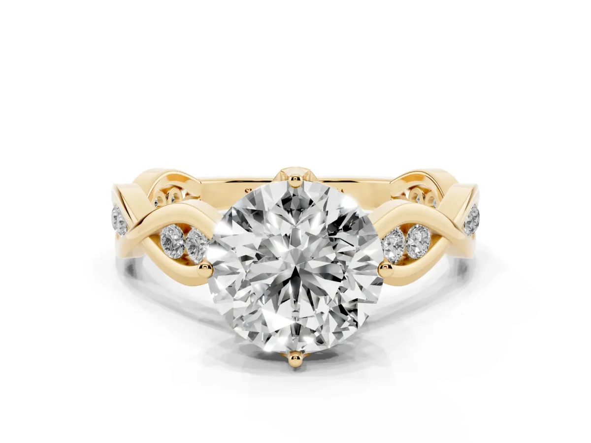 Round Cut Solitaire Twist Band with Leaf Prong Setting Yellow gold