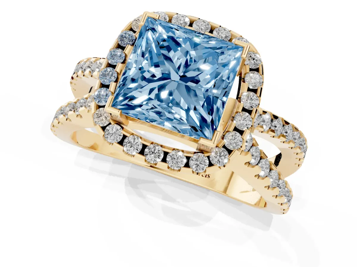 Fancy Blue Princess Cut Diamond Halo Ring with Split Shank Pavé Band and Prong Setting Yellow gold