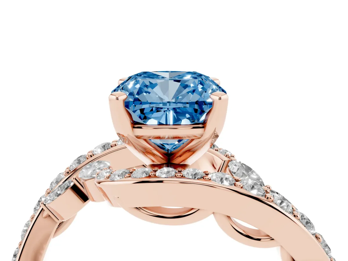 Fancy Blue Cushion Cut Solitaire with Pavé Twist Band and Four-Prong Setting Rose gold