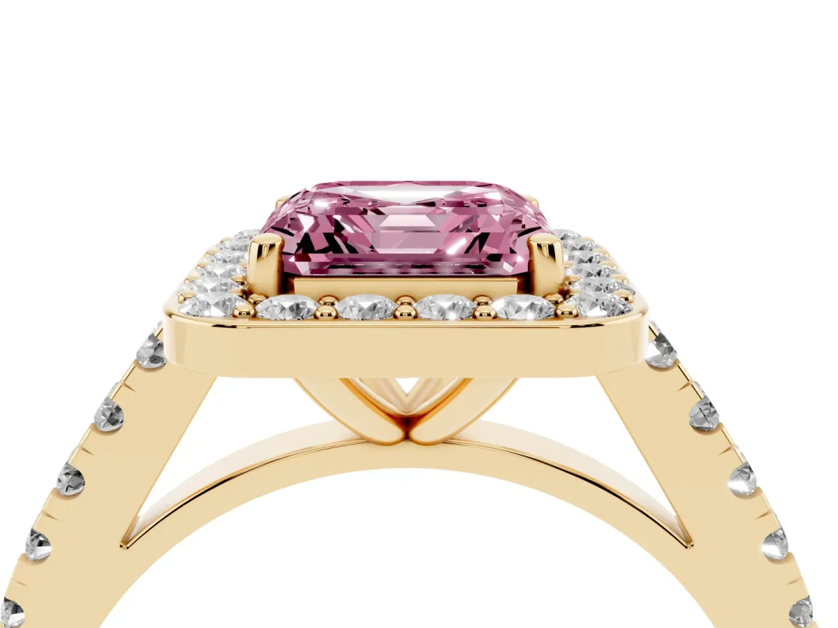 Fancy Pink Asscher Cut Diamond Halo Ring with Round Pavé Split Shank and Prong Setting Yellow gold