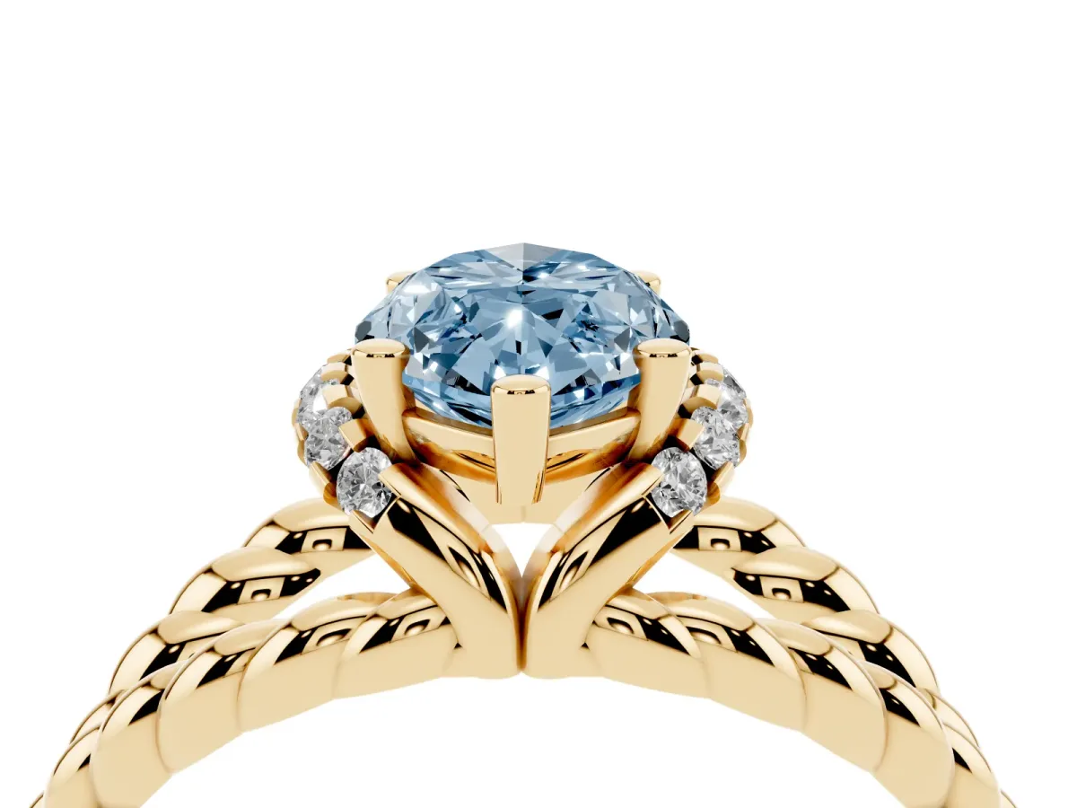 Fancy Blue Marquise Cut Halo Twisted Band Four-Prong Ring Yellow gold