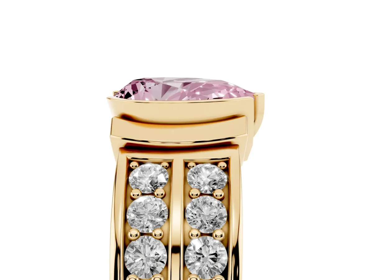 Fancy Pink Pear Cut Brilliant Diamond Channel Set Wide Band Ring with Bezel Setting Yellow gold