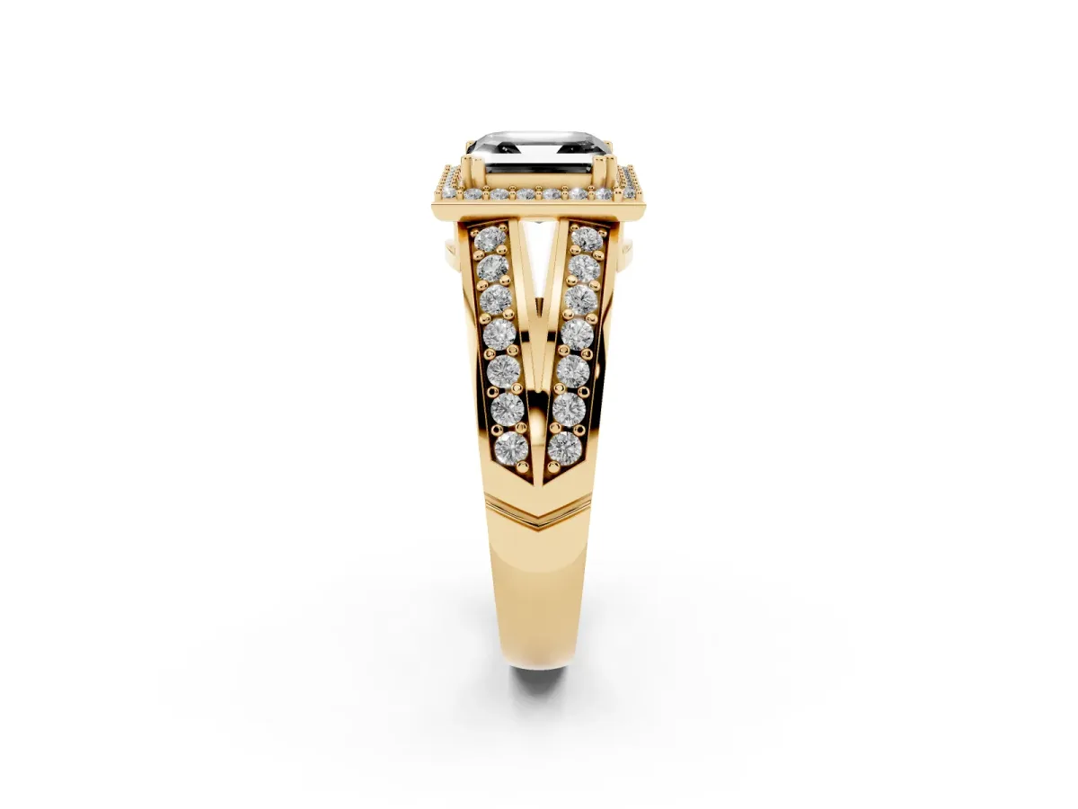 Fancy Black Asscher Cut Diamond Halo Ring with Split Shank Pavé Band and Four-Prong Setting Yellow gold