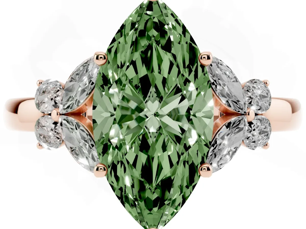 Fancy Green Marquise Cut Cut Solitaire Floral Diamond Ring with Four-Prong Setting Rose gold