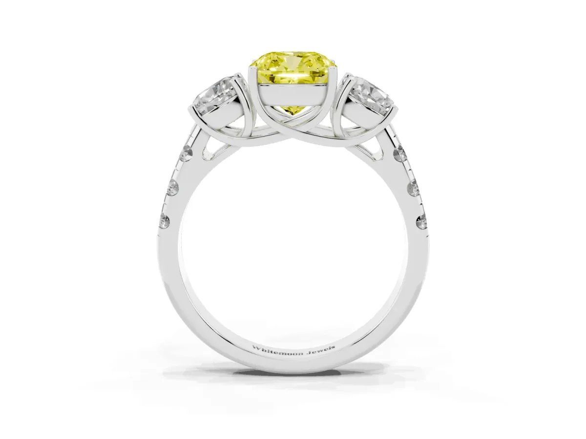 Fancy Yellow Three-Stone Cushion Cut Diamond Pavé Band with Prong Setting Platinum