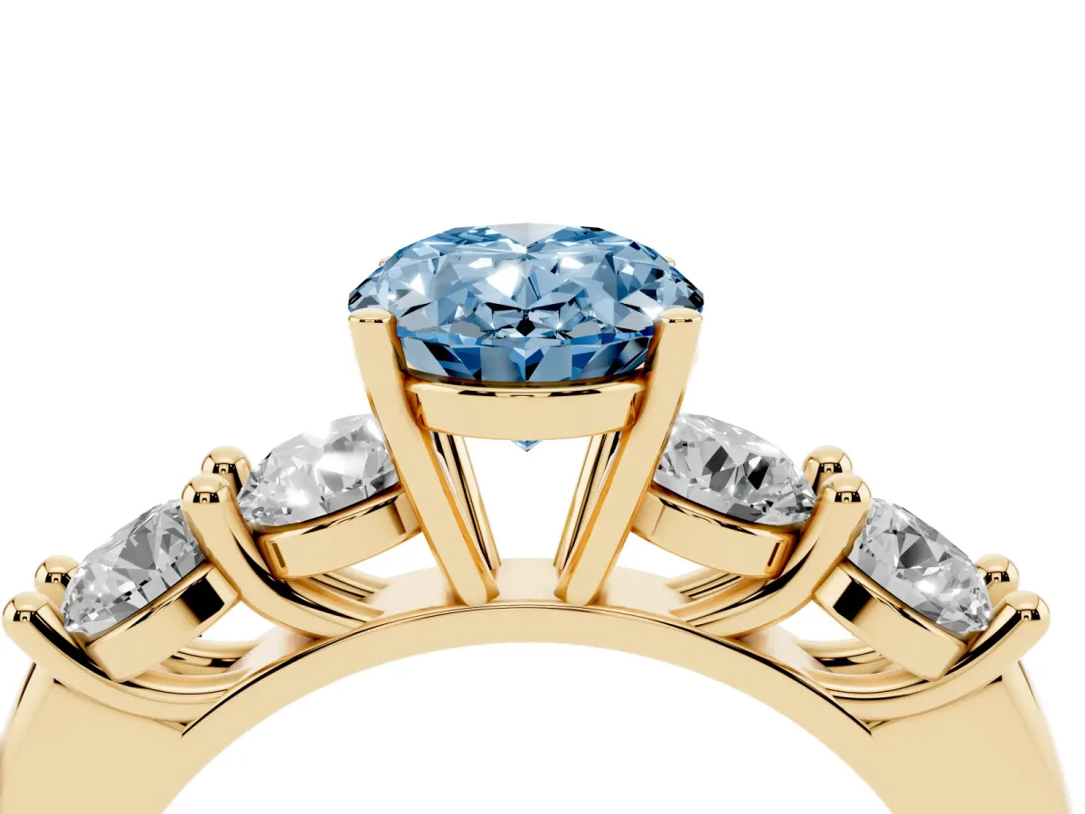 Fancy Blue Oval Cut Cut Five-Stone Prong Set Diamond Ring with Classic Band Yellow gold