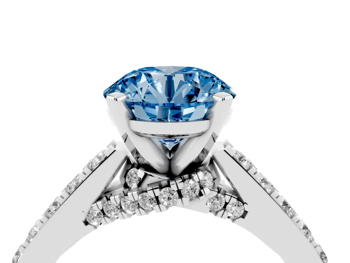 Fancy Blue Round Cut Diamond Solitaire Ring with Crossover Gallery and Round Pavé Band Silver