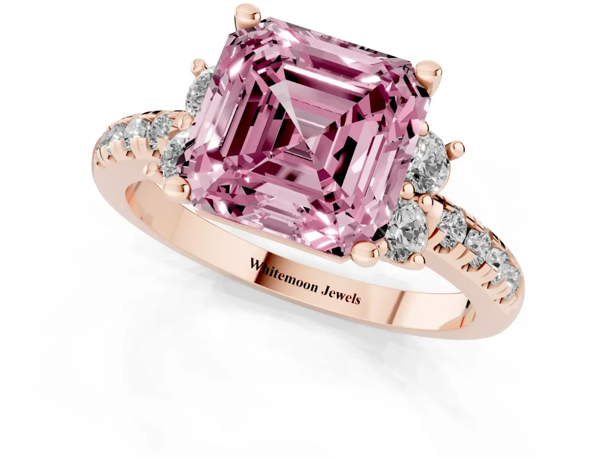 Fancy Pink Asscher Cut Diamond Three-Stone Pave Band with Four-Prong Setting Rose gold