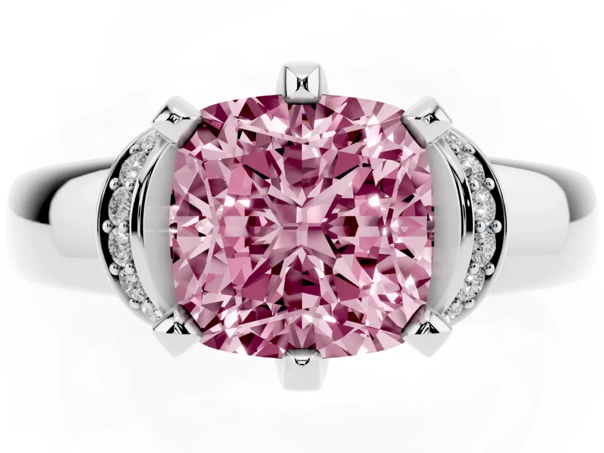 Fancy Pink Cushion Cut Solitaire Diamond Ring with Pave Band and Six-Prong Setting Silver