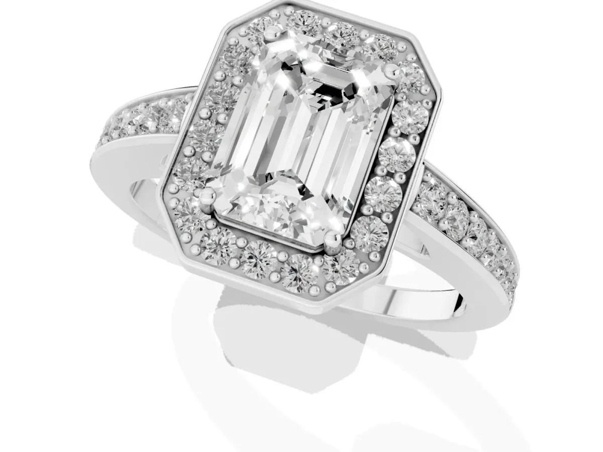 Emerald Cut Halo Pavé Diamond Engagement Ring with Bezel Setting Silver