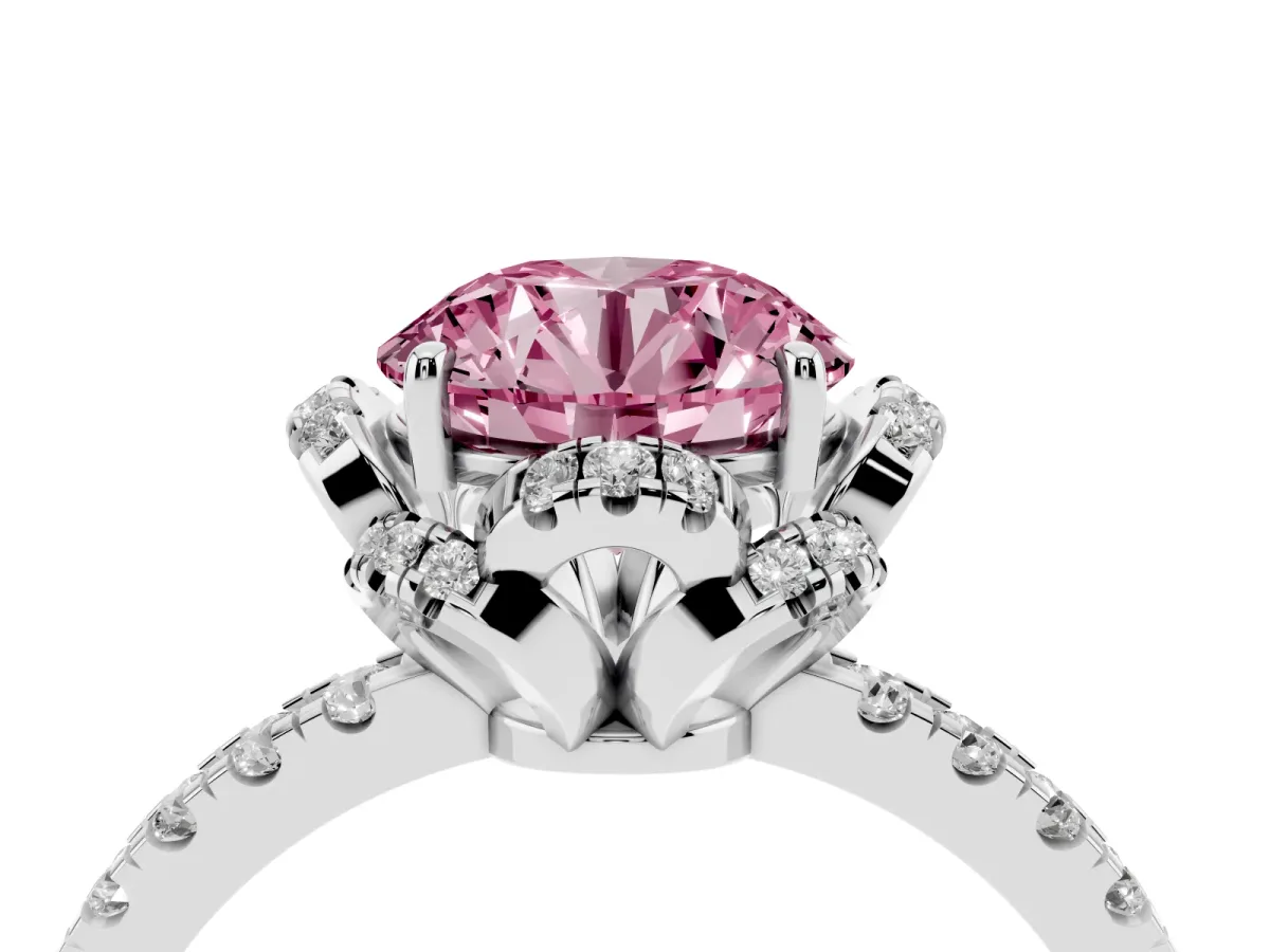 Fancy Pink Round Cut Halo Diamond Pave Band Ring with Four-Prong Setting Silver