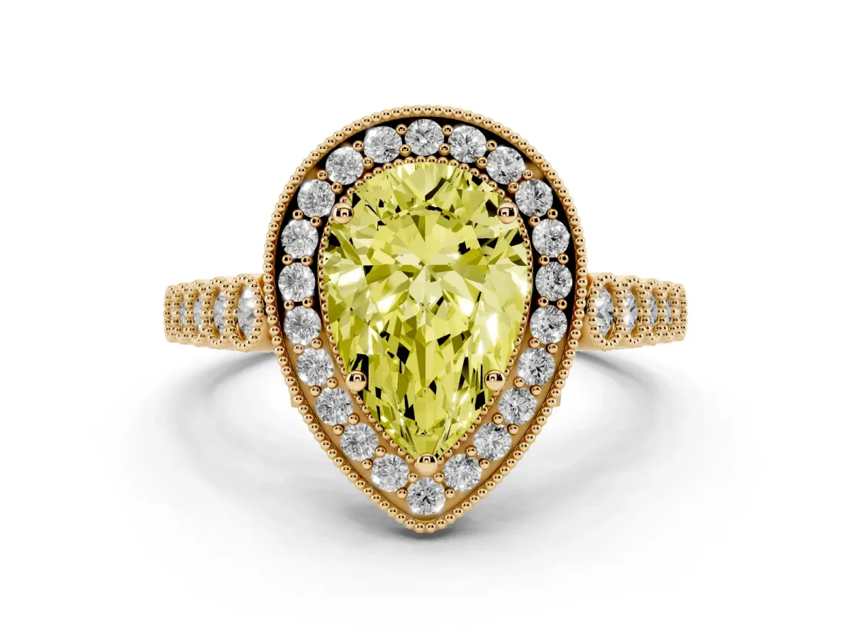 Fancy Yellow Pear Cut Halo Twist Band Solitaire Ring with Six-Prong Setting Yellow gold