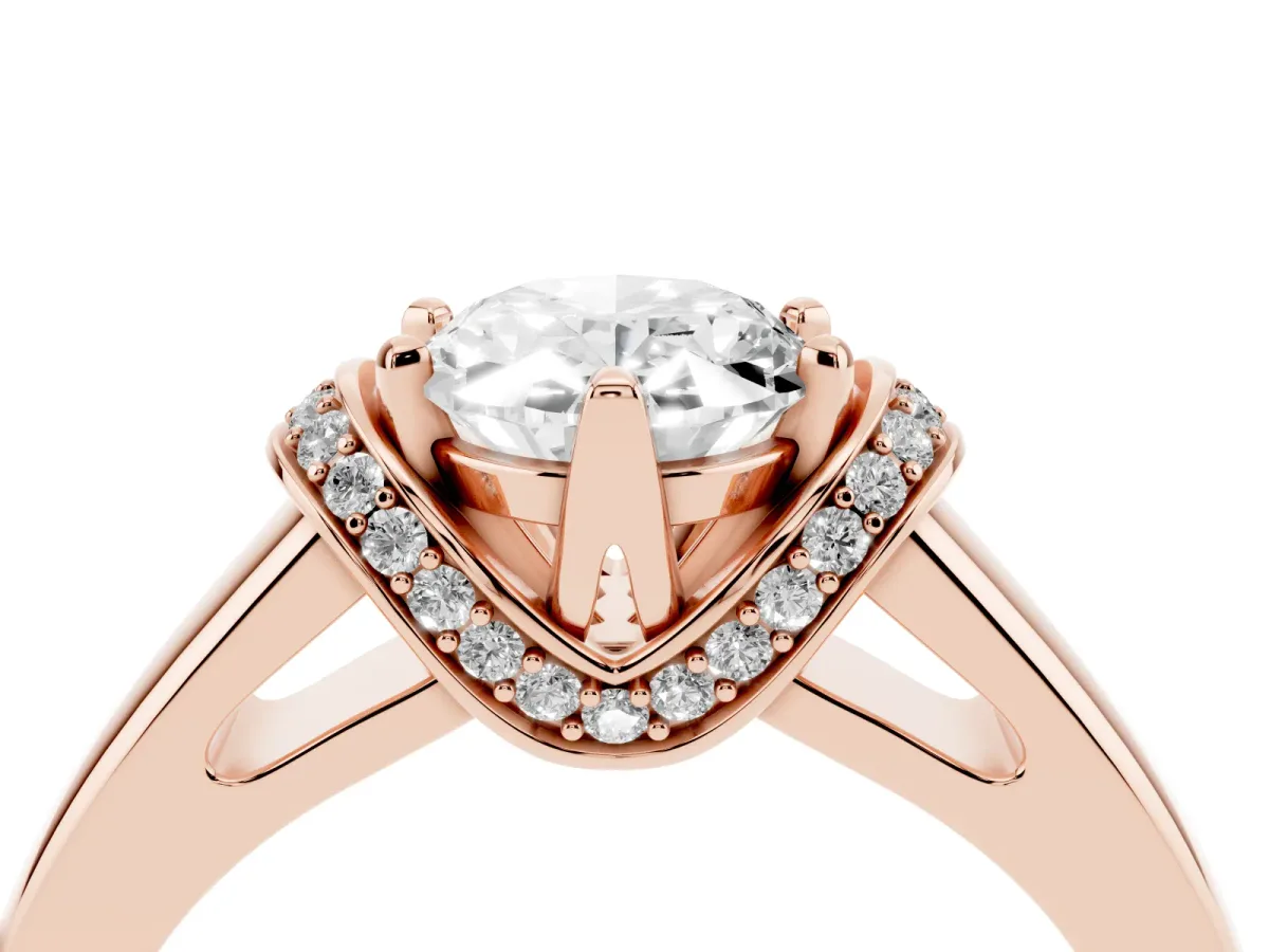 Oval Cut Solitaire Diamond Ring with Pave Band and Six-Prong Setting Rose gold