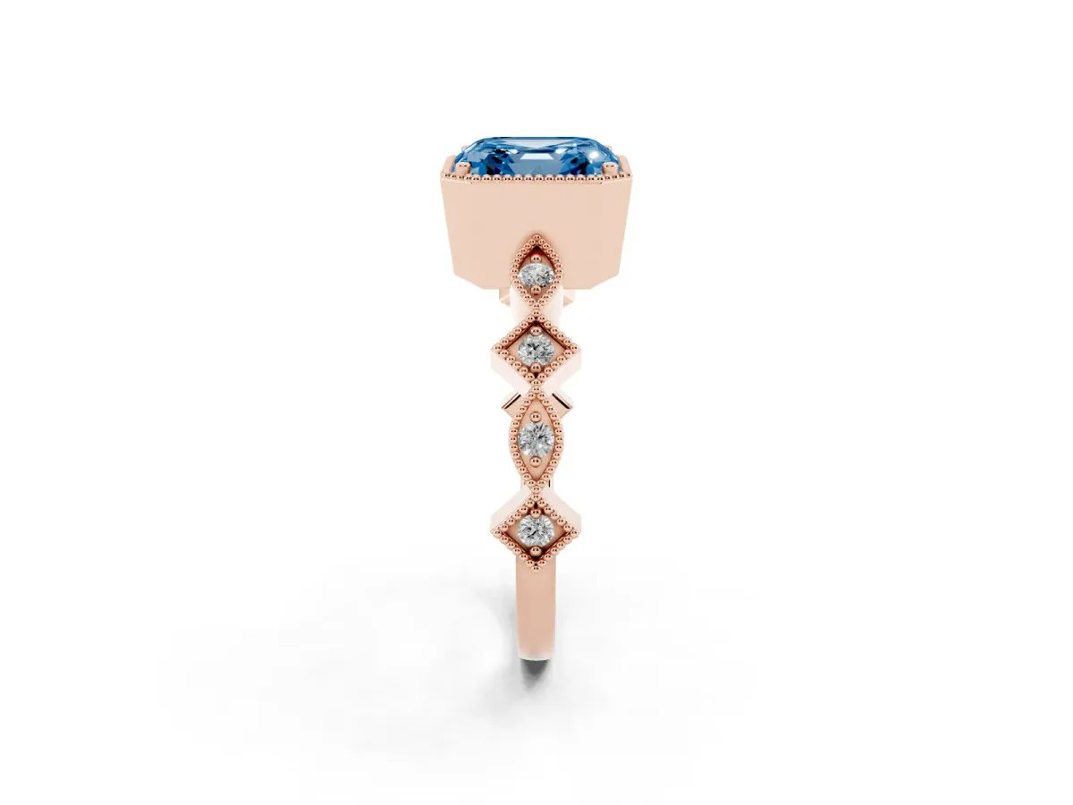 Fancy Blue Asscher Cut Milgrain Marquise Diamond Twist Band Ring Rose gold