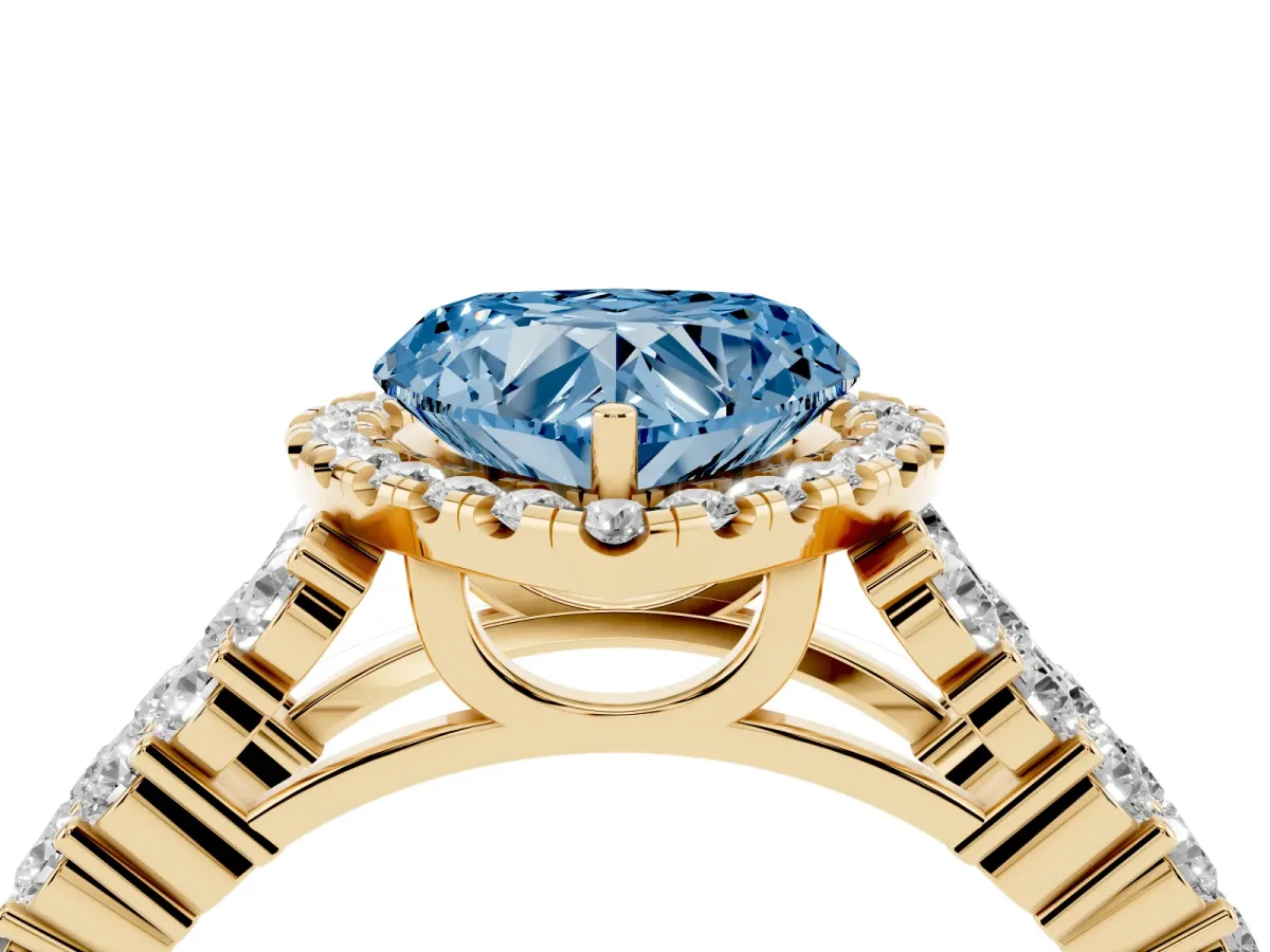Fancy Blue Heart Cut Diamond Halo Engagement Ring with Triple Row Round Pavé Band and Prong Setting Yellow gold