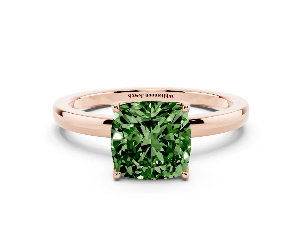 Fancy Green Cushion Cut Diamond Solitaire Ring with Thin Band and Prong Setting Rose gold