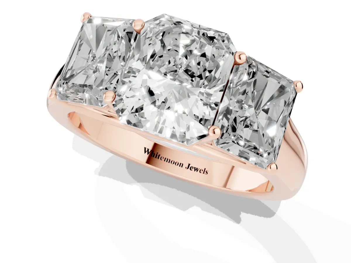 Radiant Cut Three-Stone Diamond Ring with Prong Setting on a Classic Band Rose gold