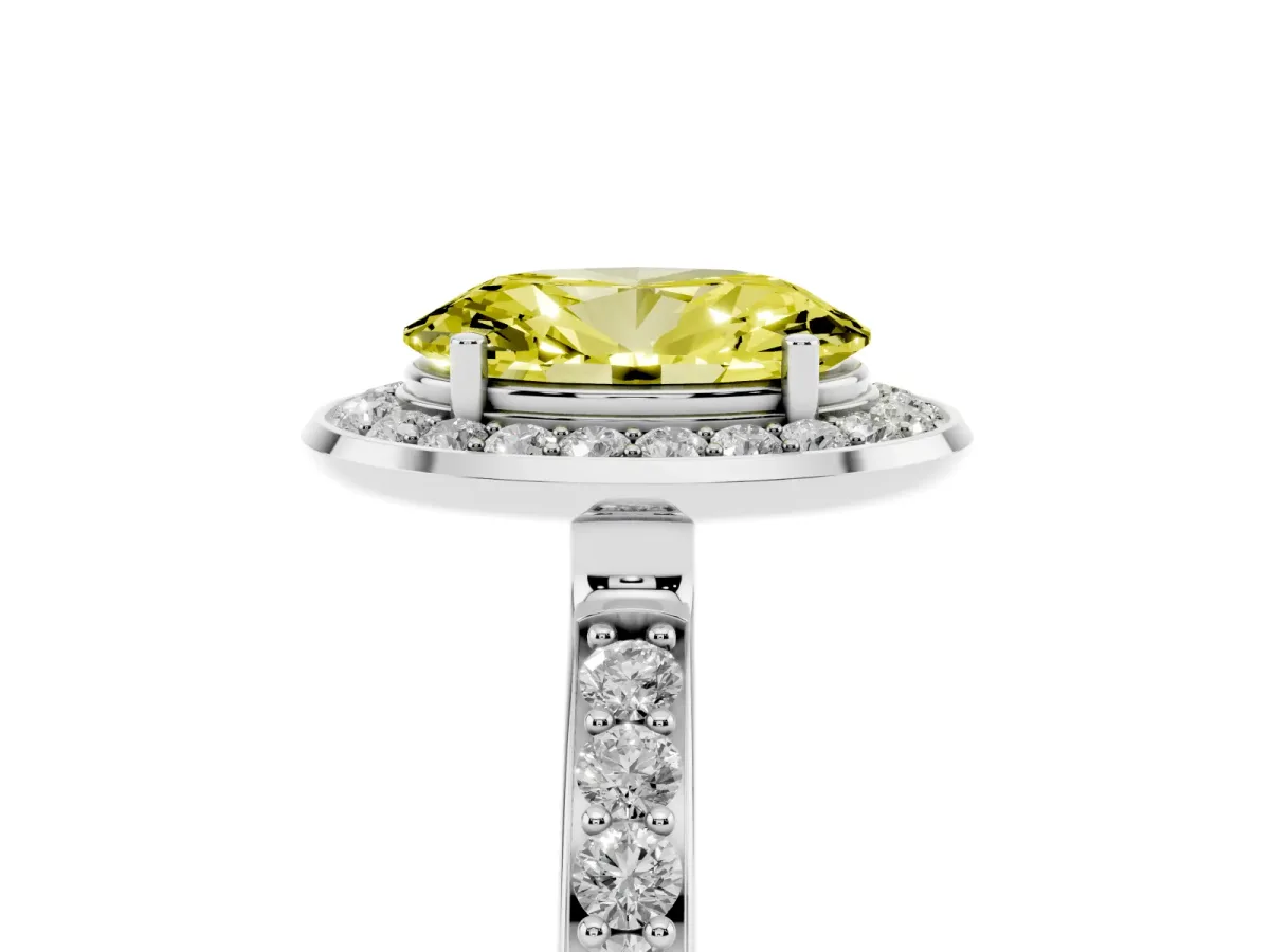 Fancy Yellow Oval Cut Diamond Halo Ring with Bezel Frame and Pavé Band Silver