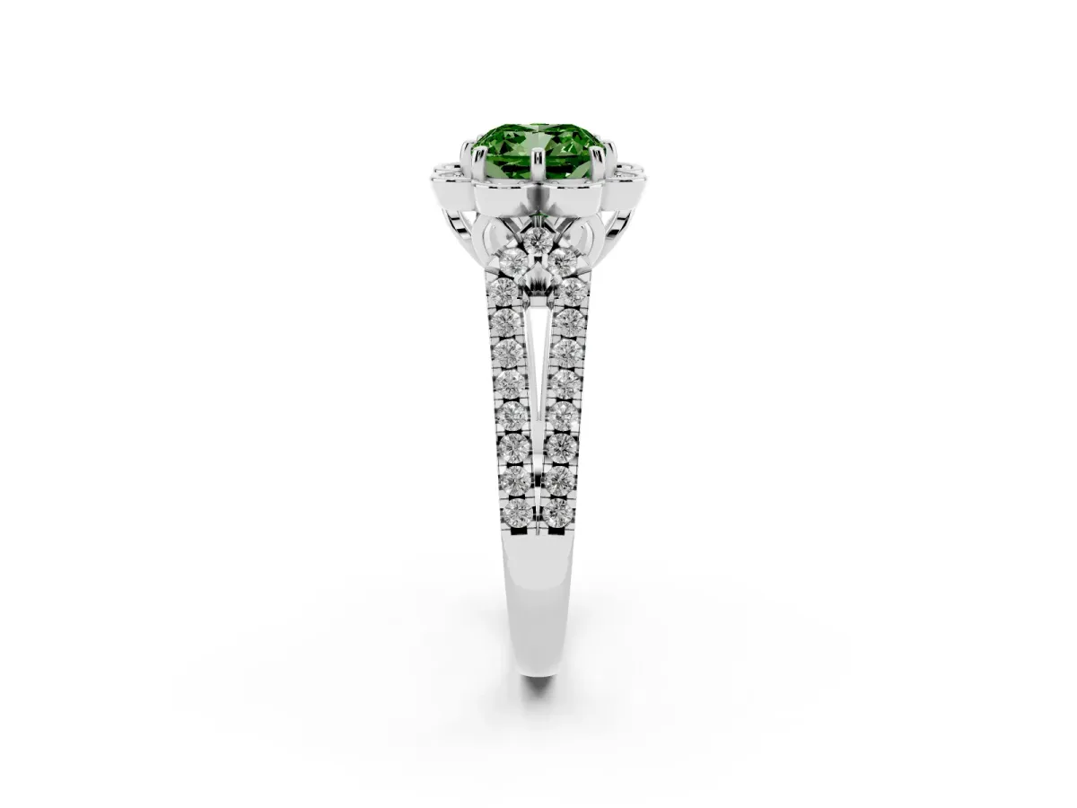 Fancy Green Cushion Cut Halo Diamond Floral Split Shank Engagement Ring Silver